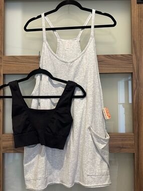 NWT FP Movement by Free People Light Gray Romper with Black Bralette Bundle